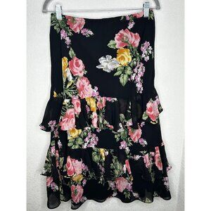 Chaps Skirt Womens Large Black Floral Ruffle Layered Midi Boho Dark Floral Fairy